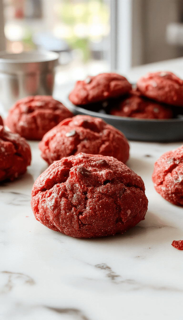 A close-up of vibrant red velvet cookie dough balls arranged on a white plate, sprinkled with white chocolate chips, with a rustic wooden background and soft natural lighting highlighting the creamy texture and enticing color.