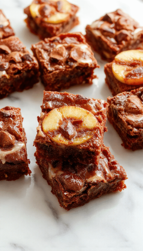 A vibrant close-up of a freshly sliced apple brownie showcasing a rich, fudgy texture with chunks of caramelized apple and a cinnamon dusting on top, plated on a rustic wooden table with autumn leaves in the background.