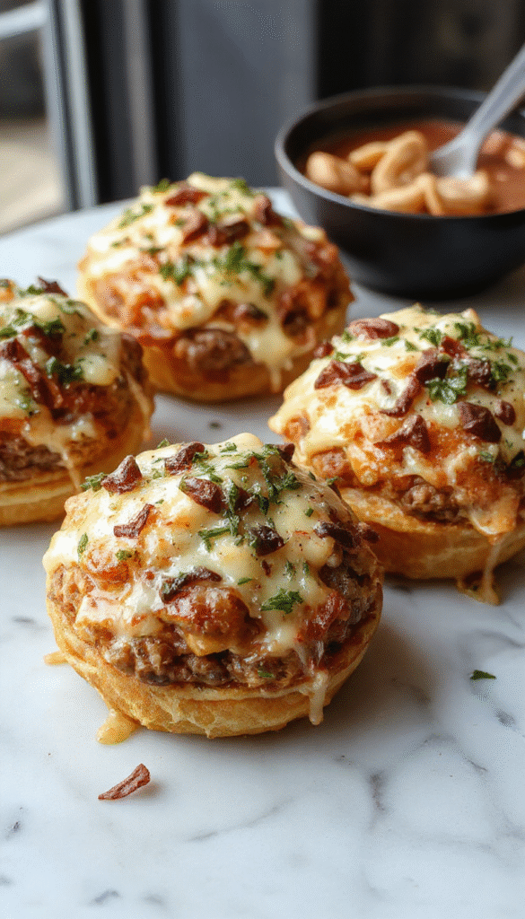 A close-up shot of golden-brown cheesy garlic parmesan cheeseburger bombs, arranged on a rustic wooden platter, topped with fresh herbs and drizzled with sauce, showcasing their crispy exterior and gooey cheesy filling.