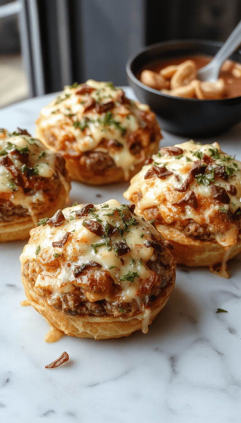 A close-up shot of golden-brown cheesy garlic parmesan cheeseburger bombs, arranged on a rustic wooden platter, topped with fresh herbs and drizzled with sauce, showcasing their crispy exterior and gooey cheesy filling.