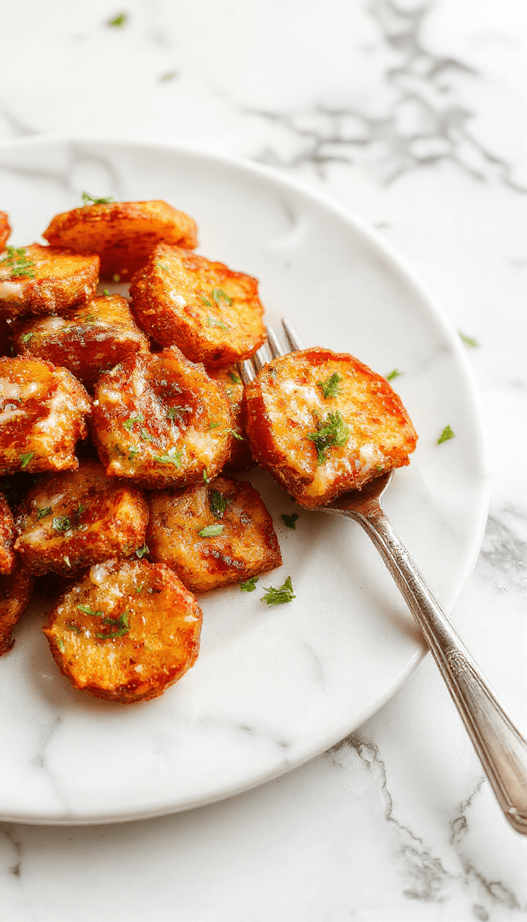 Colorful close-up of golden-brown sweet potato wedges sprinkled with finely grated Parmesan cheese and minced garlic, served on a rustic white plate with a sprinkle of fresh herbs, showcasing crispy edges and tender insides with a textured, roasted appearance.