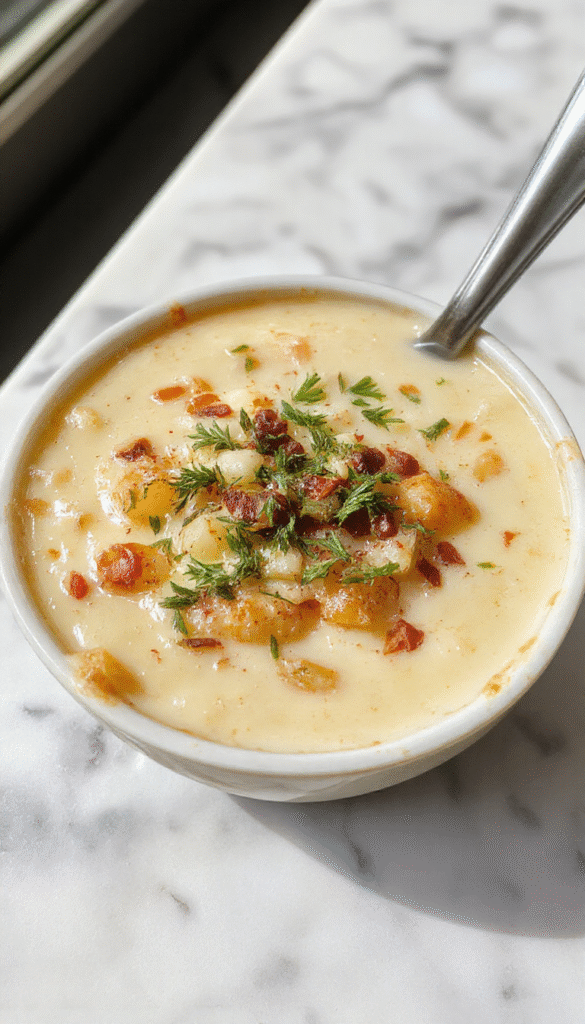 A golden-brown pizza topped with a rich caramelized onion and melted cheese, garnished with fresh herbs, styled on a rustic wooden board with visible bubbling cheese and crispy edges