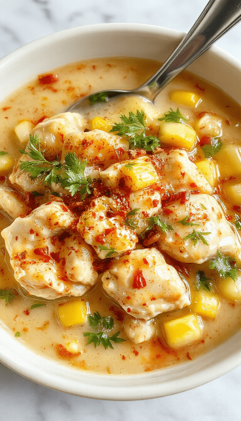 A vibrant bowl of Mexican white chicken chili featuring chunks of white chicken meat, yellow corn kernels, red and green spices, topped with fresh cilantro and a sprinkle of shredded cheese, served with lime wedges on a rustic wooden table