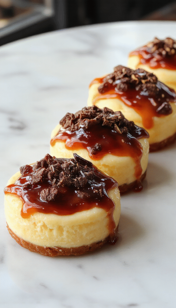A close-up of four mini cheesecakes with golden-brown graham cracker crusts topped with smooth, creamy cream cheese filling, garnished with fresh berries and mint leaves, styled on a white plate with a rustic background, showcasing their fluffy texture and precise individual portions.