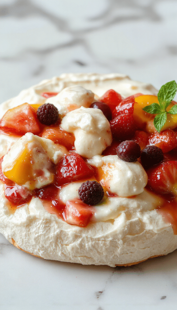 A beautifully plated pavlova featuring a crisp, golden-brown meringue base topped with fluffy whipped cream and an array of colorful fresh fruits like strawberries, blueberries, and kiwi slices, styled elegantly on a white plate with a rustic wooden background.
