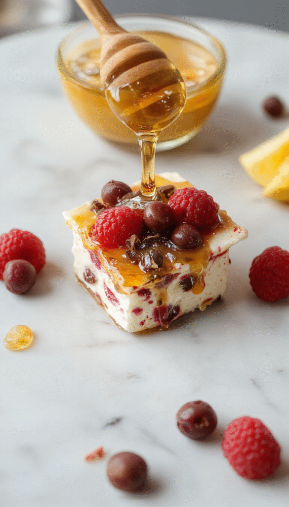 A vibrant close-up of protein yogurt bark on a white plate, topped with colorful fresh berries, sliced kiwi, and almonds, drizzled with honey, showcasing a textured, creamy surface with crunchy toppings and a glossy finish.