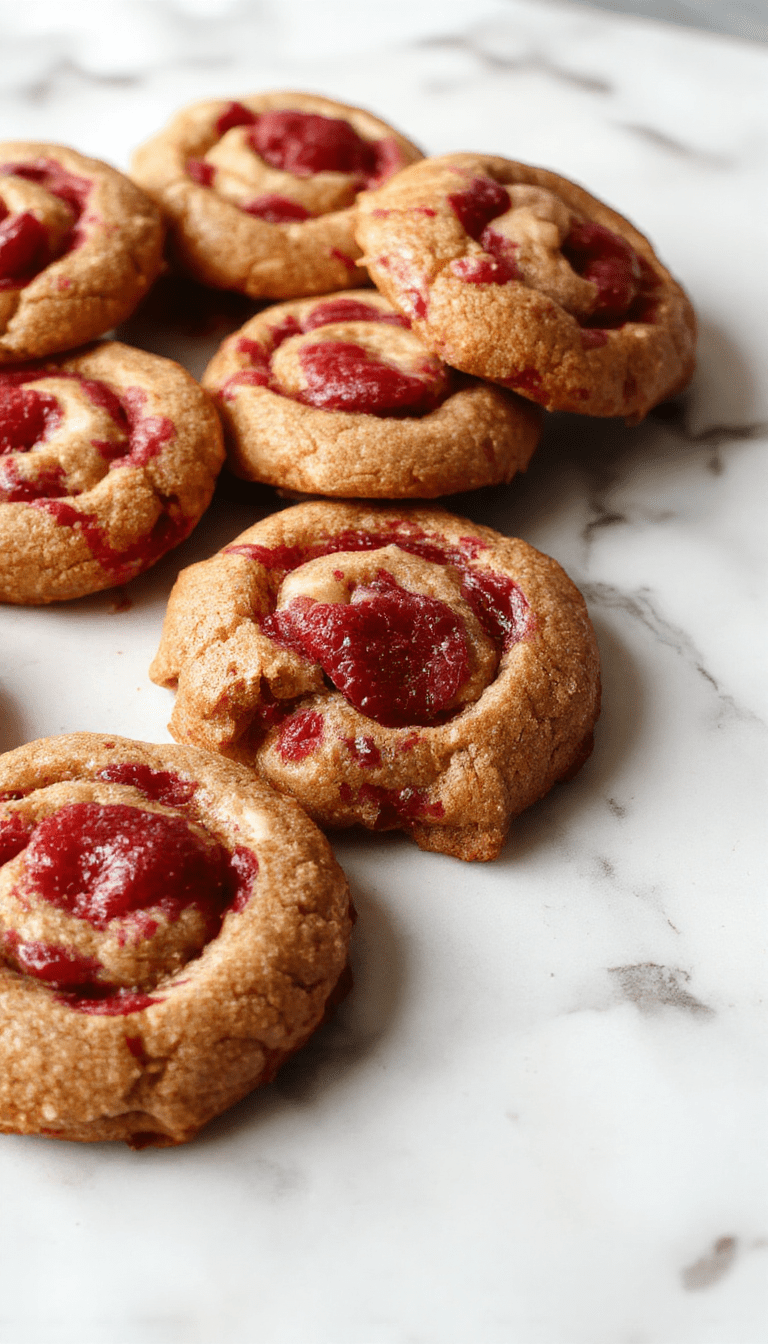 A close-up photo of vibrant red raspberry swirl cookies with a glossy raspberry glaze on top, arranged on a white plate with a rustic wooden background, showcasing their soft texture and berry swirls.