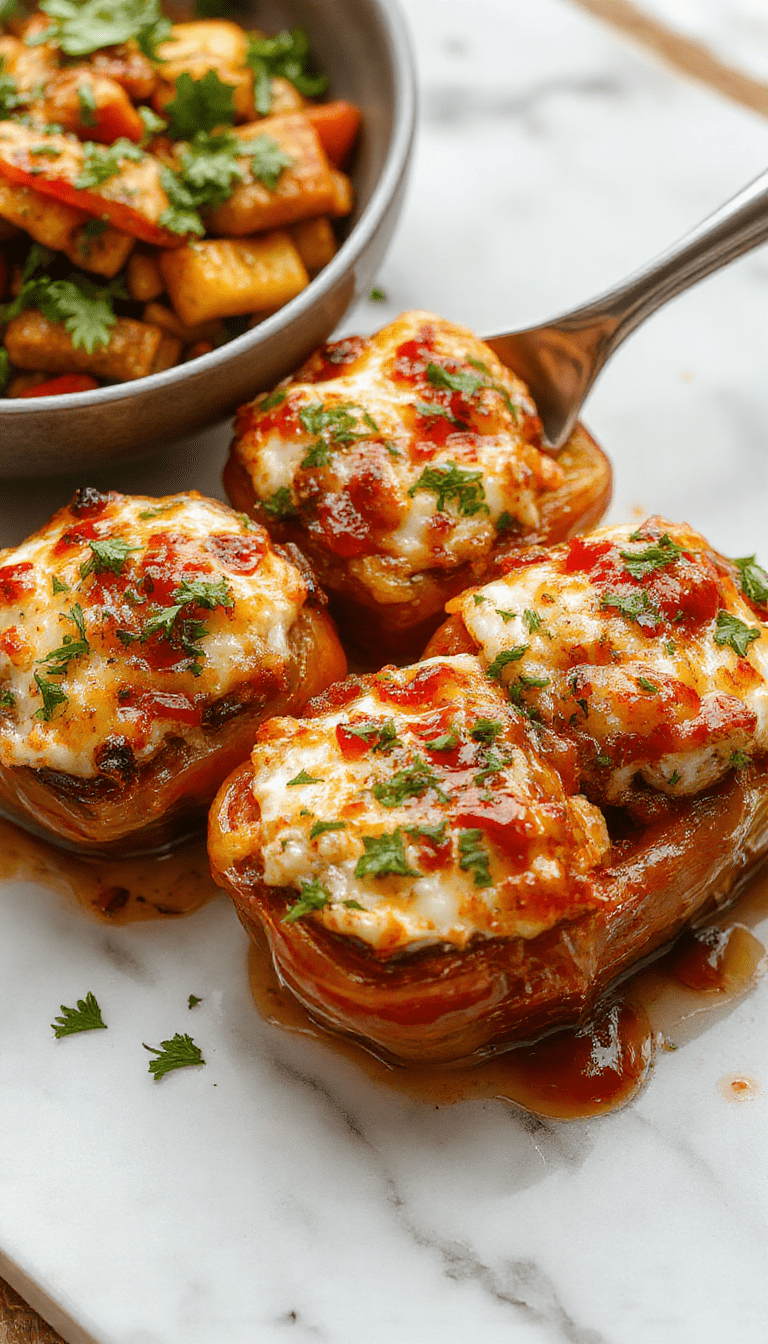 Colorful roasted bell peppers filled with creamy ricotta cheese, garnished with fresh herbs, served on a rustic white plate, with a vibrant background emphasizing freshness and texture.