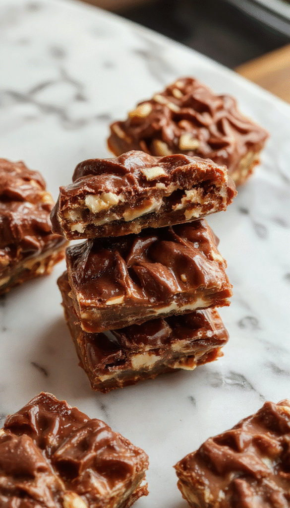 Colorful display of golden-brown turtle bars topped with rich chocolate, caramel drizzles, chopped pecans, served on a rustic wooden platter highlighting textures and layered ingredients.
