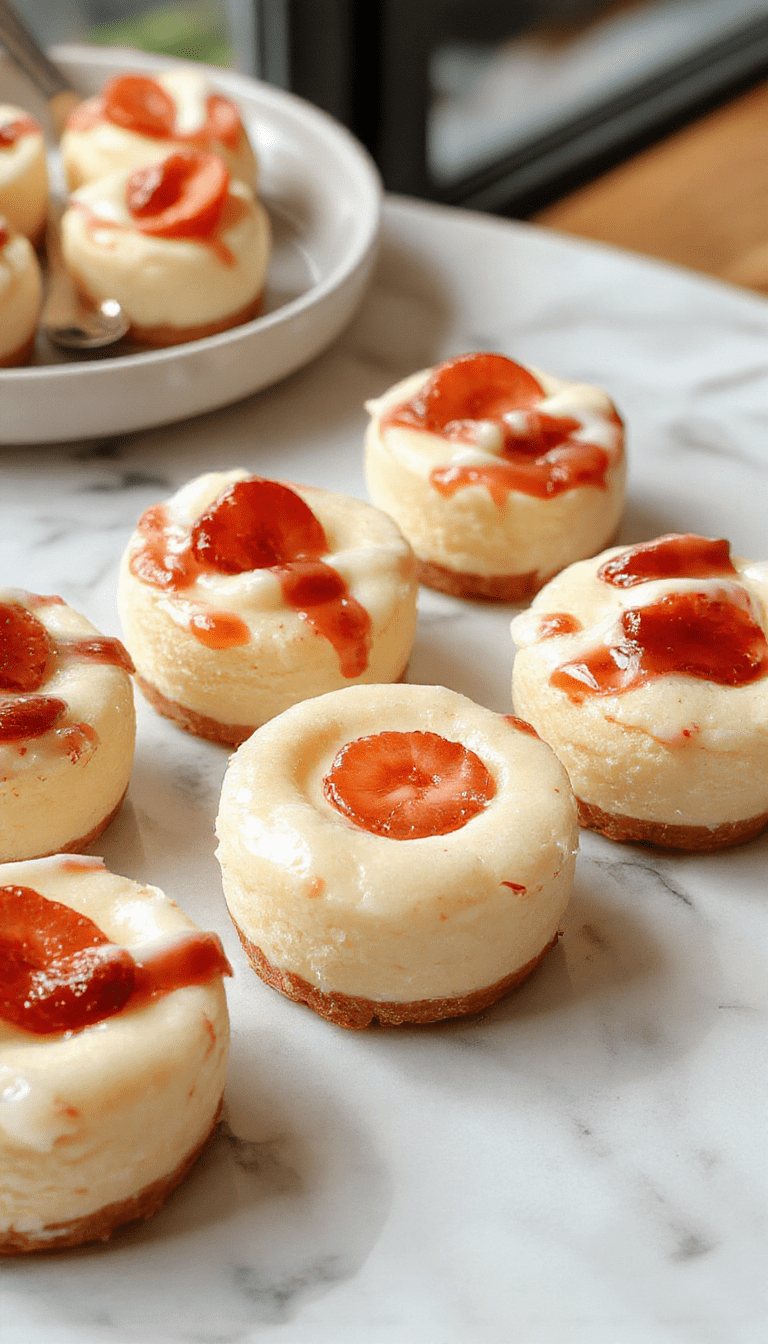 Colorful mini cheesecakes with swirls of berry topping, gold crumb crusts, and glossy fruit glaze on a elegant white platter styled with fresh berries and mint leaves, all under soft ambient lighting emphasizing their creamy texture and vibrant toppings.
