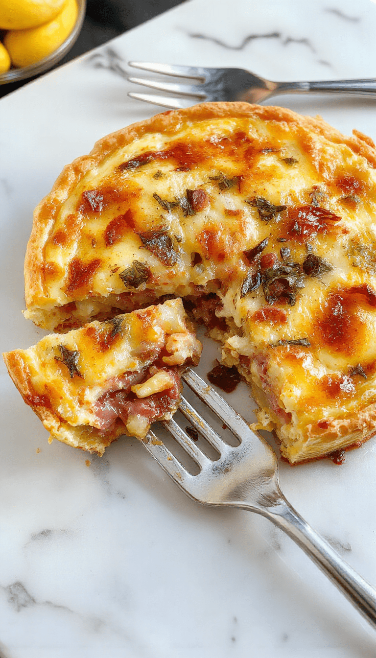A vibrant, golden-brown quiche resting on a rustic white plate, filled with colorful vegetables and melted cheese. The crust is flaky and perfectly baked, with slices showing layers of eggs, cheese, spinach, and tomatoes. The background features a wooden table with fresh herbs and a side of mixed greens, styled in a cozy, inviting setting.