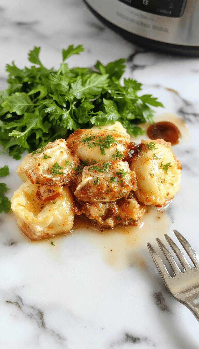 A vibrant bowl of creamy chicken tortellini with tender chicken pieces, fresh basil garnish, and melted cheese on top, served in a rustic white dish against a wooden table backdrop with herbs scattered around
