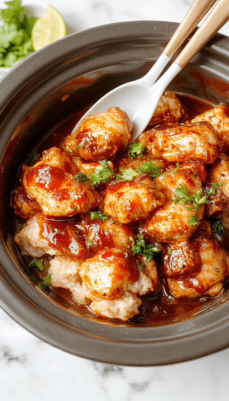 A vibrant plate of golden-brown crockpot teriyaki chicken glazed with shiny, sticky sauce, garnished with sliced green onions and sesame seeds, served alongside white rice. The dish is styled on a rustic wooden table with a sprinkle of fresh herbs, emphasizing its tender texture and savory appearance with a glossy finish.
