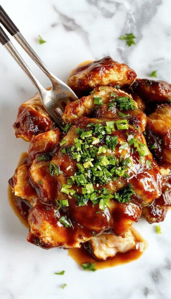 A vibrant plate of shredded crockpot teriyaki chicken glazed with shiny, dark teriyaki sauce, garnished with sesame seeds and chopped green onions, served on a white ceramic dish with colorful vegetables and steamed rice in the background, styled for a cozy family dinner look with warm lighting.