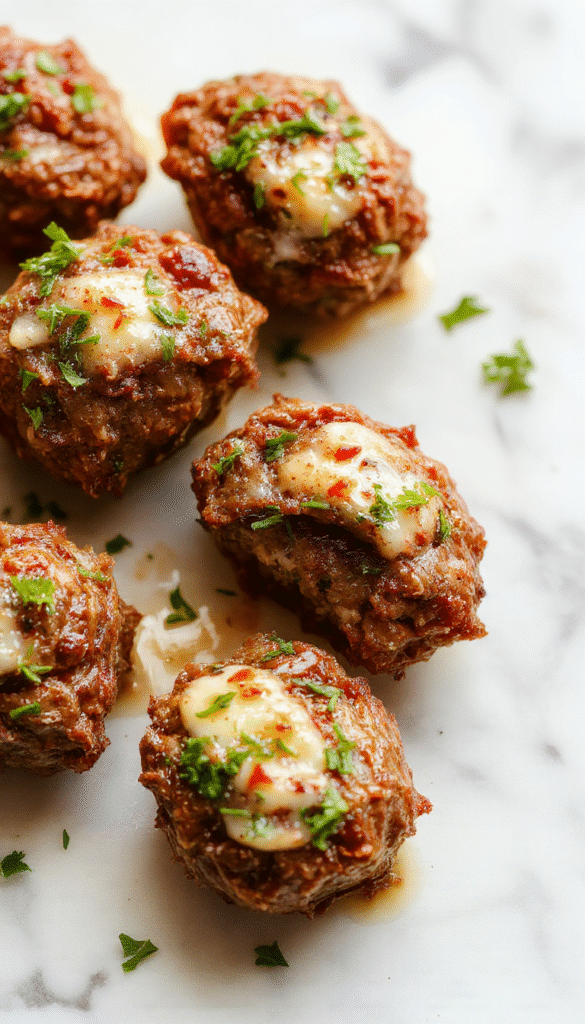A close-up of golden-brown beef bites coated in garlic butter sauce, garnished with fresh herbs on a white plate, with a rustic wooden background and a sprig of fresh parsley.