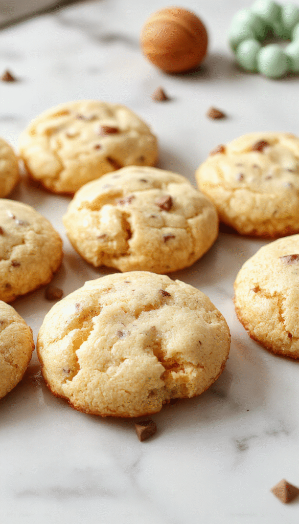 A batch of golden-brown German butter cookies arranged on a rustic wooden plate, topped with a light dusting of powdered sugar, with a cozy kitchen background that features a rolling pin and mixing bowl, highlighting their delicate texture and classic shape.