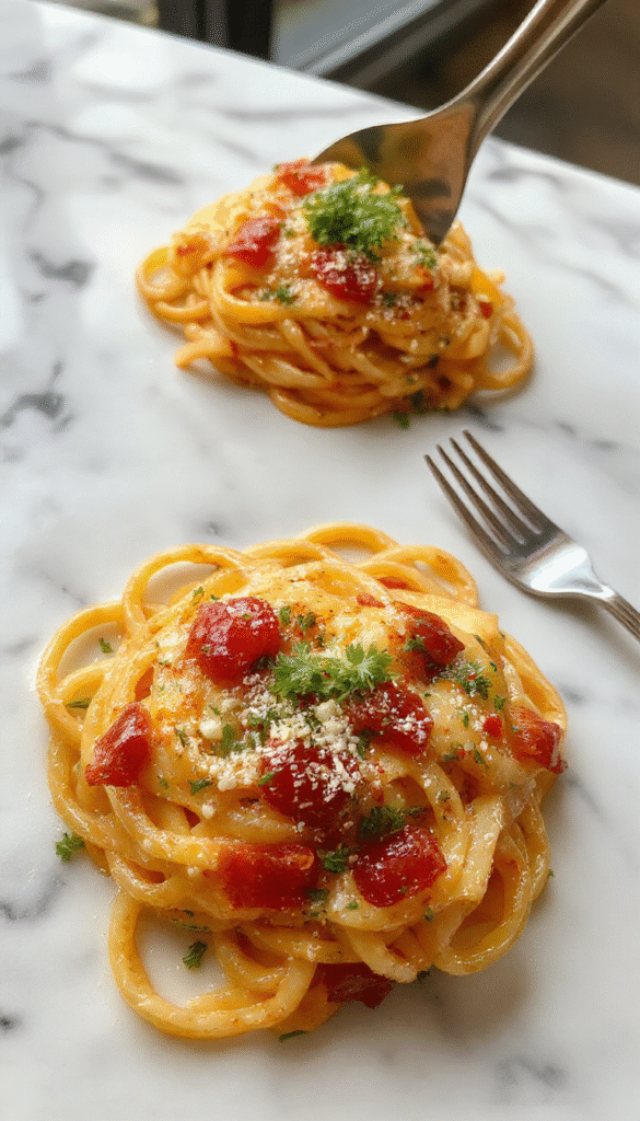 A vibrant plate of Marry Me Tortellini arranged beautifully with a drizzle of basil pesto on top, colorful cherry tomatoes and melted cheese, served on a sleek white plate placed on a rustic wooden table with fresh herbs as garnish.
