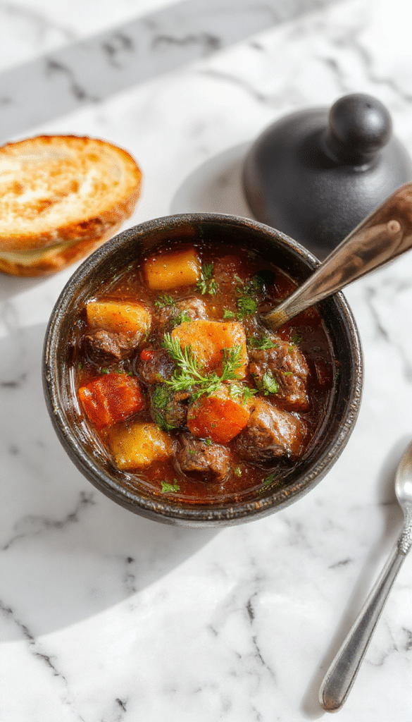 A bubbling black cauldron-style pot filled with thick, savory beef stew with chunks of tender beef, carrots, potatoes, and herbs. The stew has a rich, dark broth with steam rising, set on a rustic wooden table with a backdrop of dark, mystical decorations and flickering candles, creating a magical and inviting atmosphere.