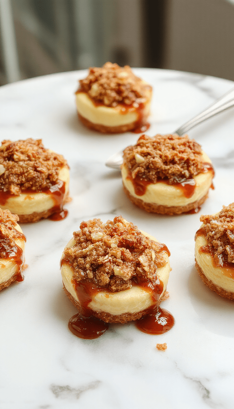 Colorful mini cheesecakes topped with golden apple crisp and drizzled with caramel sauce, arranged on a white plate with autumn leaves in the background, showcasing contrasting textures of creamy cheesecakes and crunchy topping.