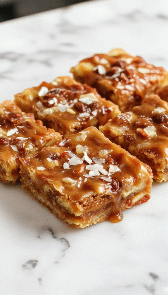 A vibrant image of golden-brown apple bars garnished with a drizzle of glossy salted caramel sauce, sprinkled with coarse sea salt. The bars are stacked on a rustic wooden cutting board, with slices revealing a moist, spiced apple filling, surrounded by fall-themed decorations like cinnamon sticks and crunchy caramel bits.