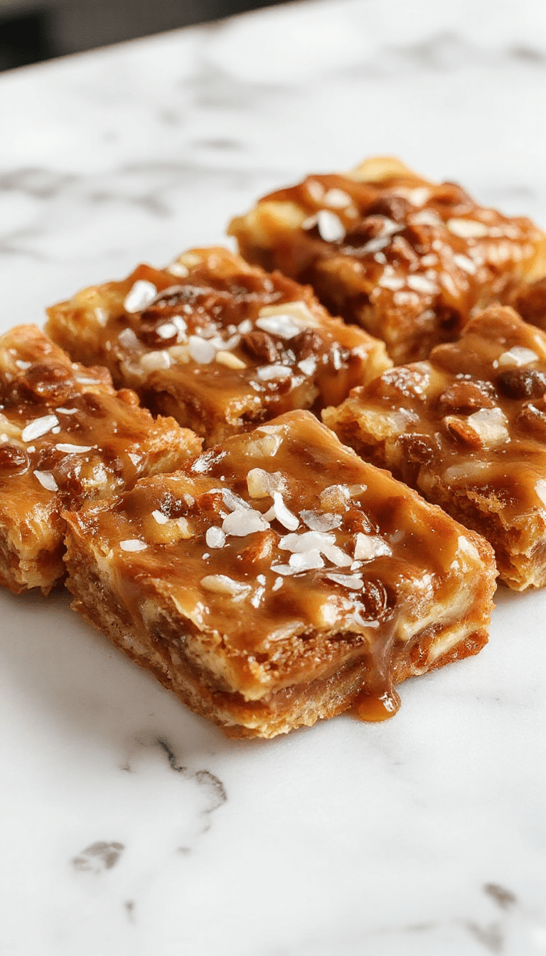 A vibrant image of golden-brown apple bars garnished with a drizzle of glossy salted caramel sauce, sprinkled with coarse sea salt. The bars are stacked on a rustic wooden cutting board, with slices revealing a moist, spiced apple filling, surrounded by fall-themed decorations like cinnamon sticks and crunchy caramel bits.