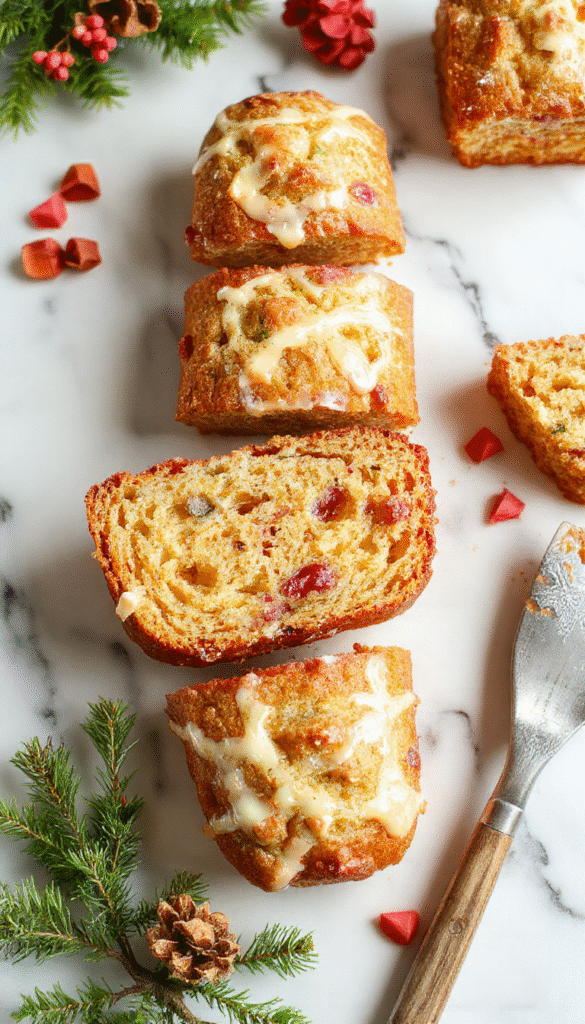 A visually appealing loaf of Christmas bread with a golden crust, decorated with colorful sprinkles and powdered sugar, sliced to reveal soft, fluffy interior with swirls of cinnamon and dried fruits, presented on a rustic wooden board with holiday-themed decorations around.