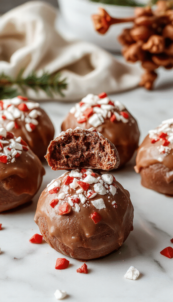 A vibrant image featuring a Christmas-themed hot chocolate bomb melting in a clear glass mug, surrounded by holiday decorations, colorful sprinkles, and whipped cream, creating a rich, textured scene full of warmth and festive cheer.