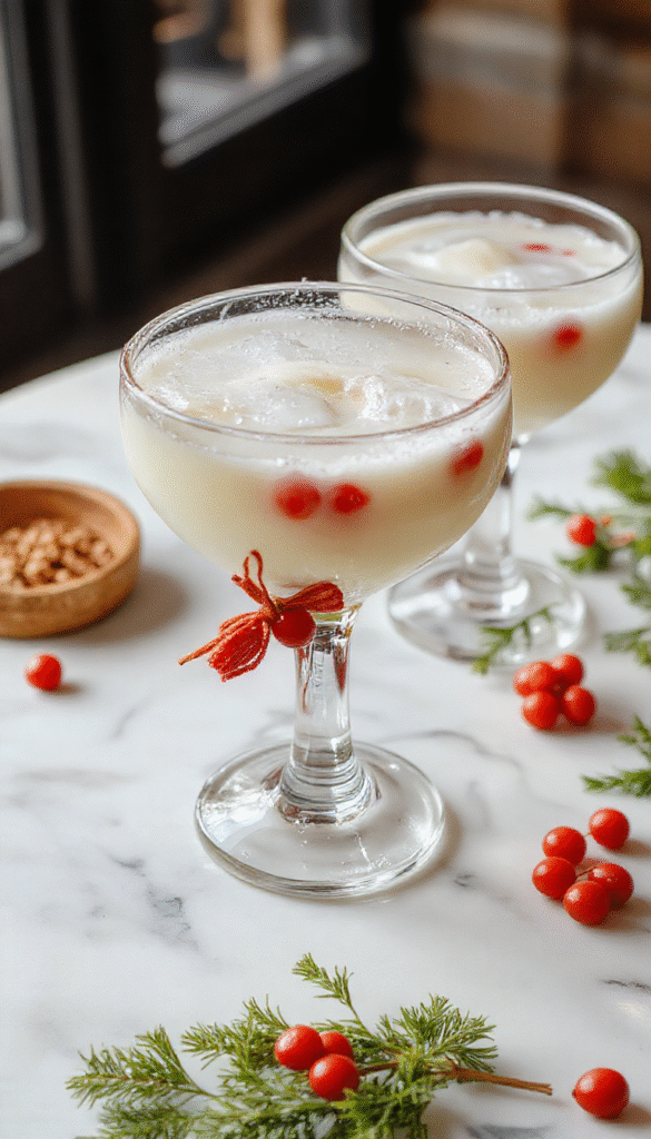 A vibrant red and green mistletoe-themed margarita served in a clear glass with salt-rimmed edge, garnished with fresh mint and mistletoe berries, set against a sparkling holiday backdrop with twinkling lights.