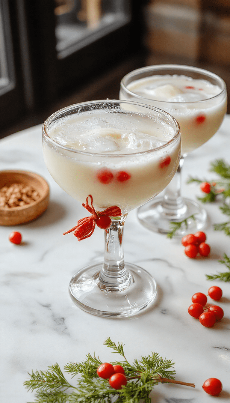 A vibrant red and green mistletoe-themed margarita served in a clear glass with salt-rimmed edge, garnished with fresh mint and mistletoe berries, set against a sparkling holiday backdrop with twinkling lights.