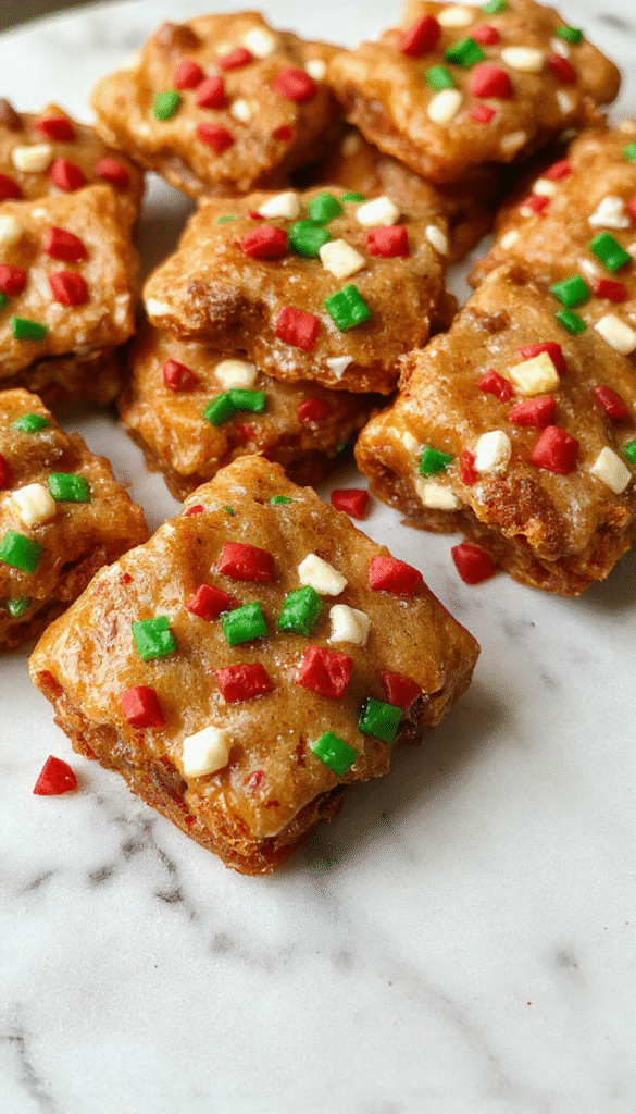 A close-up of golden-brown Christmas toffee bars topped with chopped nuts and festive red and green sprinkles, arranged on a rustic wooden platter with holiday decor in the background, showcasing a glossy caramel surface with crunchy texture.