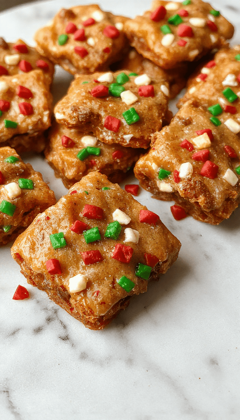 A close-up of golden-brown Christmas toffee bars topped with chopped nuts and festive red and green sprinkles, arranged on a rustic wooden platter with holiday decor in the background, showcasing a glossy caramel surface with crunchy texture.