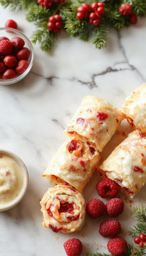 A vibrant plate featuring festive cranberry roll ups arranged neatly, showcasing their creamy filling and bright red cranberry topping, garnished with mint leaves, with a cozy holiday table setting in the background.