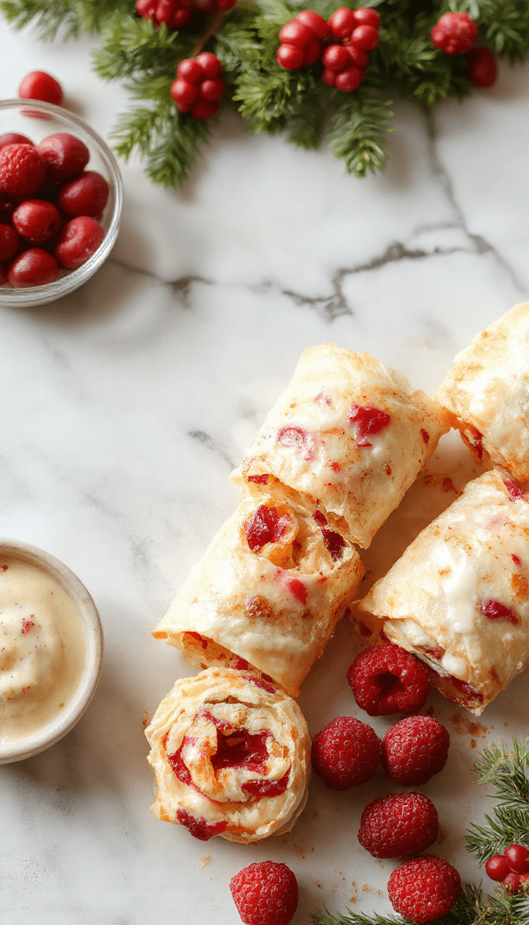 A vibrant plate featuring festive cranberry roll ups arranged neatly, showcasing their creamy filling and bright red cranberry topping, garnished with mint leaves, with a cozy holiday table setting in the background.