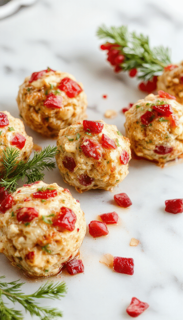 Colorful presentation of golden-brown stuffing balls filled with vibrant red cranberries and tender turkey, garnished with fresh parsley on a rustic white plate, with a holiday-themed background featuring pinecones and twinkling lights.