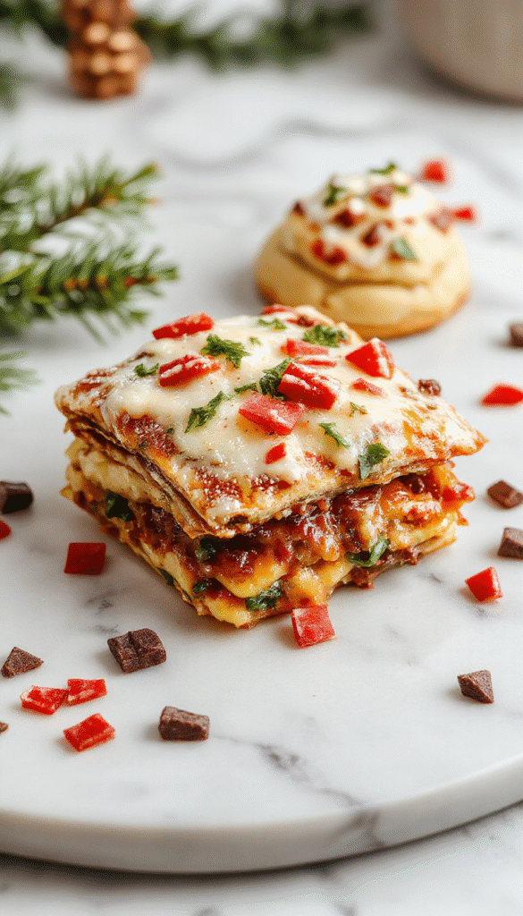 Colorful Christmas cookie lasagna layered with vibrant red and green sprinkles, creamy white frosting, and edible holiday decorations, all neatly stacked on a festive plate with sprigs of holly and twinkling holiday lights in the background.