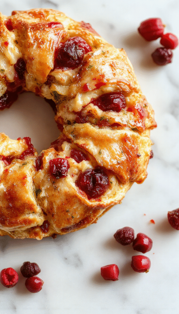 A golden-brown crescent ring filled with chunks of turkey and vibrant cranberry sauce, garnished with fresh herbs on a white ceramic platter, with a festive holiday table setting in the background