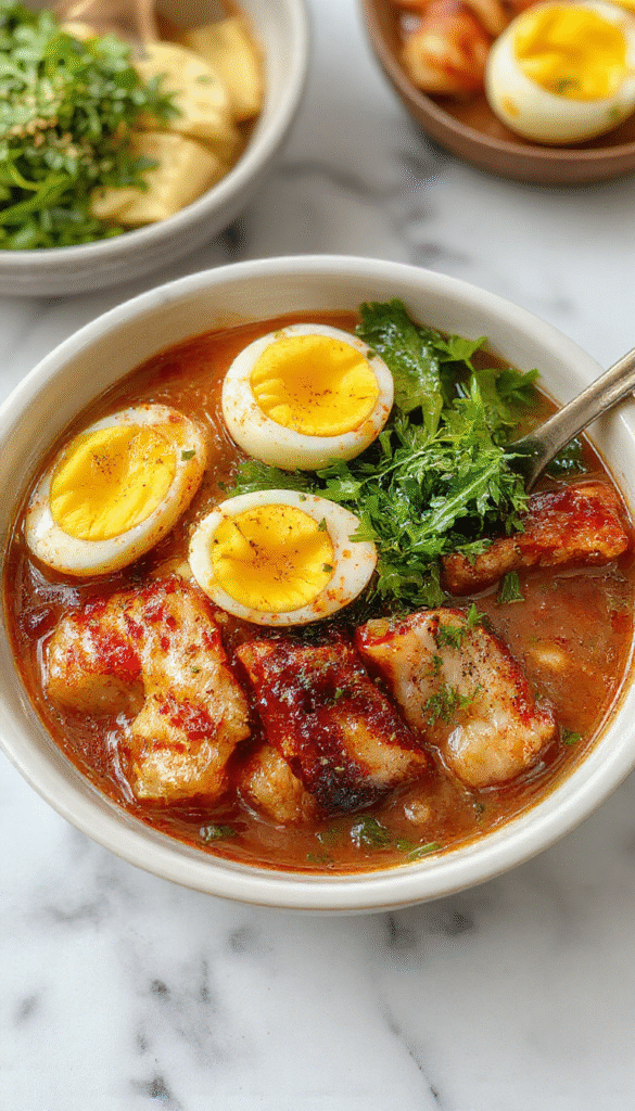 A vibrant ramen bowl featuring golden soft-boiled eggs halved to reveal creamy yolks, tender dumplings floating in rich broth, topped with fresh greens, green scallions, and a sprinkle of sesame seeds, all beautifully arranged on a rustic ceramic plate with a wooden spoon and chopsticks.