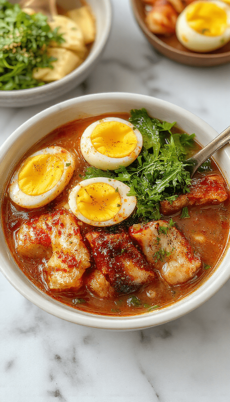A vibrant ramen bowl featuring golden soft-boiled eggs halved to reveal creamy yolks, tender dumplings floating in rich broth, topped with fresh greens, green scallions, and a sprinkle of sesame seeds, all beautifully arranged on a rustic ceramic plate with a wooden spoon and chopsticks.