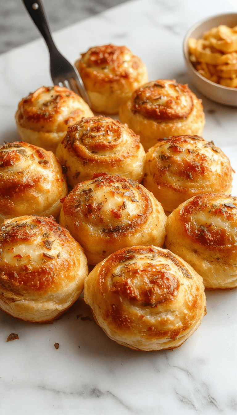 A close-up of golden-brown, fluffy breakfast rolls arranged on a white ceramic plate. The rolls have a soft, airy texture with a slightly shiny, brushed top. They are garnished with a sprinkle of fresh herbs and served alongside a small dish of melted butter. The background features a rustic wooden table with a hint of greenery, styled for a warm, inviting breakfast setting.