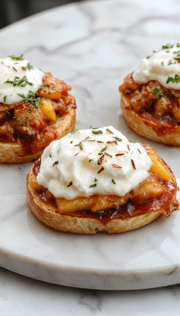 Colorful peach bruschetta arranged on a rustic wooden platter featuring vibrant orange peach slices, creamy white whipped ricotta, and fresh basil leaves. The bread is toasted golden brown with a crispy texture, topped with glossy peach and herb garnish. The scene is styled with soft natural light highlighting the textures and fresh ingredients, creating an inviting summer appetizer visual.