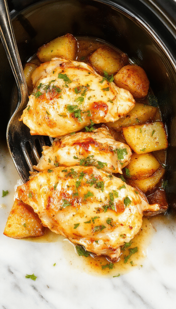 A hearty plate featuring tender crockpot chicken coated in golden garlic Parmesan sauce, nestled beside crispy roasted potatoes, garnished with chopped parsley, on a rustic wooden table with vibrant greenery in the background.