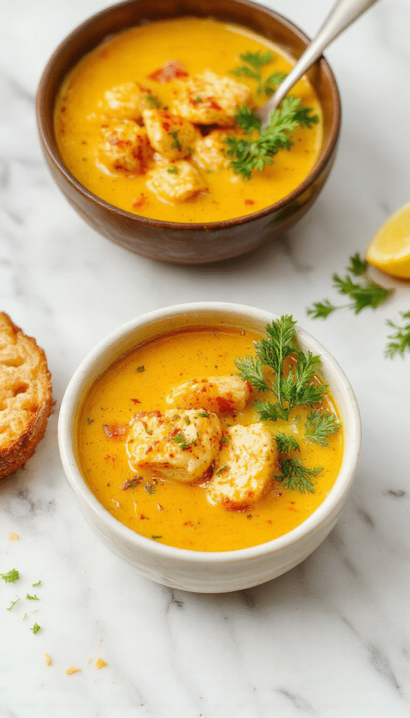 A vibrant bowl of golden turmeric chicken soup topped with fresh herbs, slices of chicken, and a sprinkle of black pepper, served on a rustic wooden table with a spoon, steam rising, colorful vegetables visible on the side