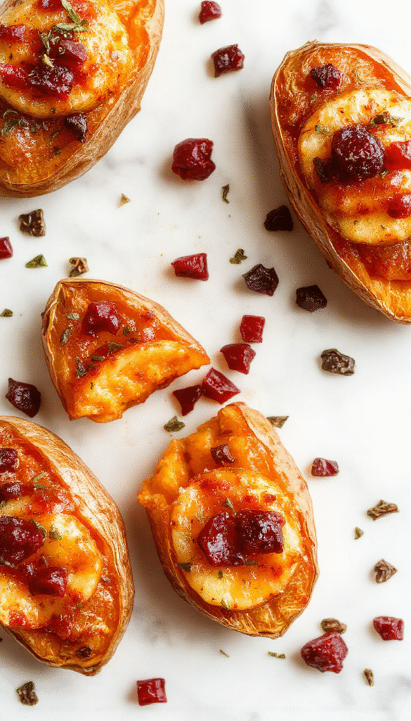 Colorful dish featuring halved baked sweet potatoes topped with vibrant red cranberries, sliced green apples, and a sprinkle of cinnamon, served on a rustic white plate with a sprig of mint, showcasing a textured, appealing combination of creamy sweet potatoes and fresh fruit, styled with a natural, cozy ambiance.