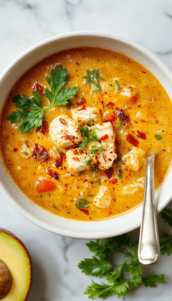 A vibrant bowl of low carb chicken tortilla soup featuring shredded chicken, diced tomatoes, chopped cilantro, and melted cheese, served in a rustic white bowl with a spoon on a wooden table, garnished with lime wedges and fresh herbs, exhibiting a colorful and inviting presentation with a rich broth and crispy tortilla strips.