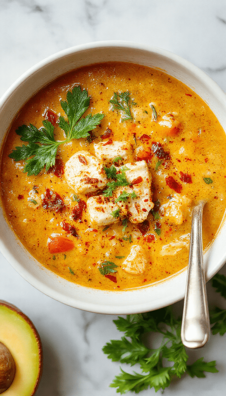A vibrant bowl of low carb chicken tortilla soup featuring shredded chicken, diced tomatoes, chopped cilantro, and melted cheese, served in a rustic white bowl with a spoon on a wooden table, garnished with lime wedges and fresh herbs, exhibiting a colorful and inviting presentation with a rich broth and crispy tortilla strips.