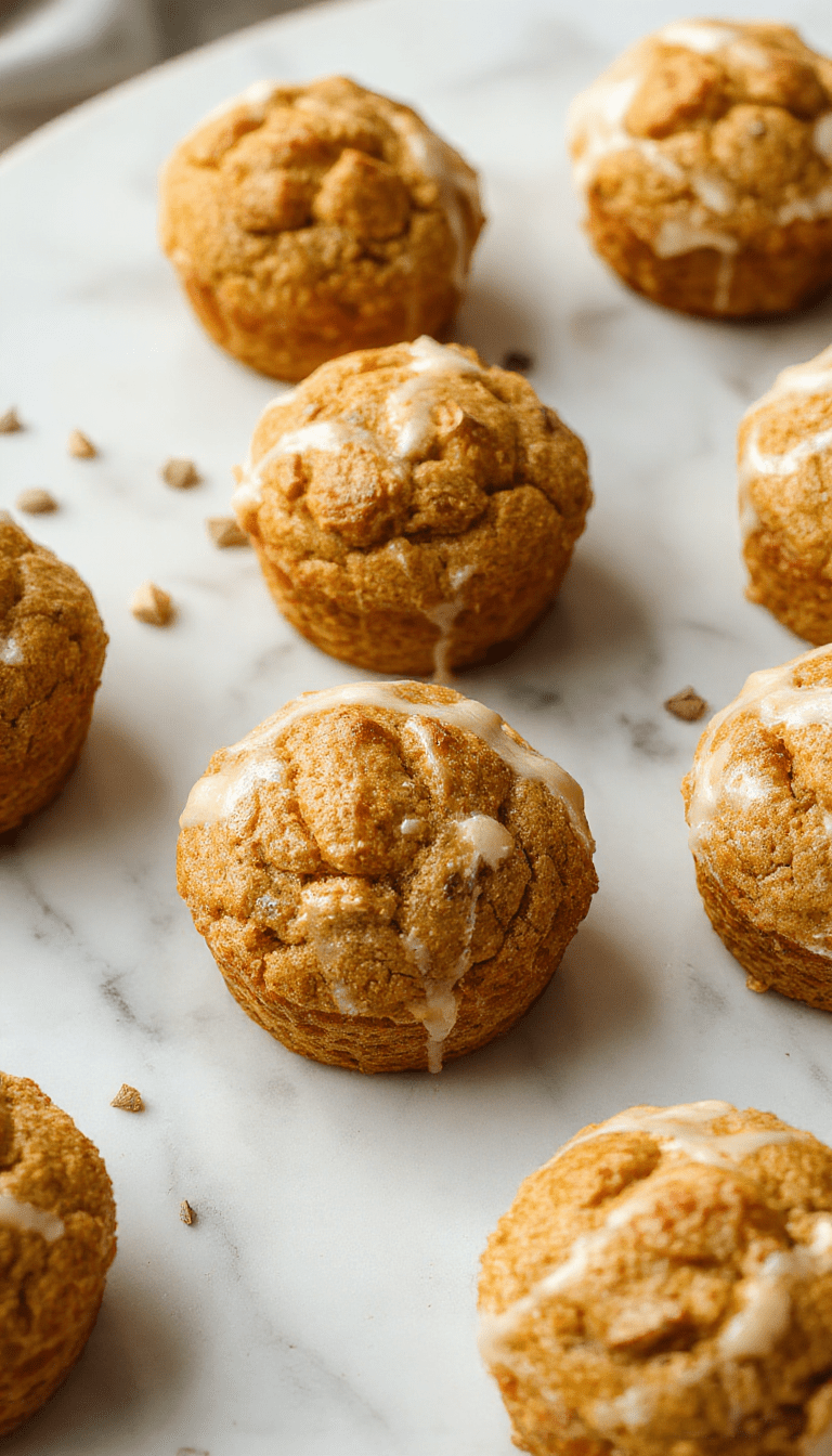 Colorful pumpkin cottage cheese muffins arranged on a white plate, topped with pumpkin seeds and a dusting of powdered sugar, setting on a rustic wooden table with a cozy autumn backdrop, soft natural light highlighting the moist texture and vibrant orange hue of the muffins.