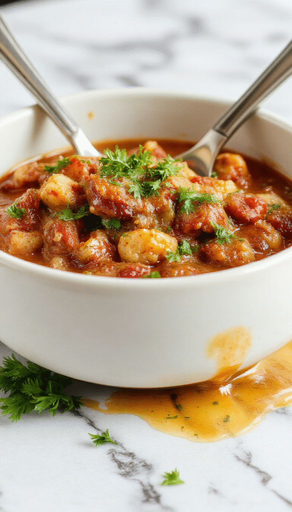 A steaming bowl of American Goulash in a rustic white ceramic dish, topped with fresh chopped parsley. The dish contains tender ground beef, vibrant red tomatoes, and al dente pasta, all coated in a rich, savory sauce with a hint of paprika. The bowl is set on a wooden table with a side of crusty bread and fresh green herbs, evoking warm, hearty comfort food perfect for a family dinner.