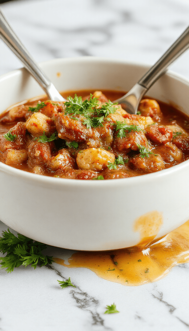 A steaming bowl of American Goulash in a rustic white ceramic dish, topped with fresh chopped parsley. The dish contains tender ground beef, vibrant red tomatoes, and al dente pasta, all coated in a rich, savory sauce with a hint of paprika. The bowl is set on a wooden table with a side of crusty bread and fresh green herbs, evoking warm, hearty comfort food perfect for a family dinner.