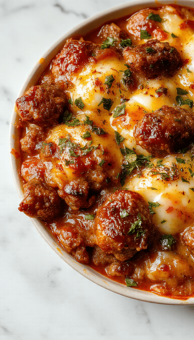 Colorful breakfast casserole with golden-brown sausage, fluffy scrambled eggs, melted cheese topping, and crispy bread chunks elegantly plated in a white dish garnished with fresh herbs, vibrant vegetables, and a side of fruit.