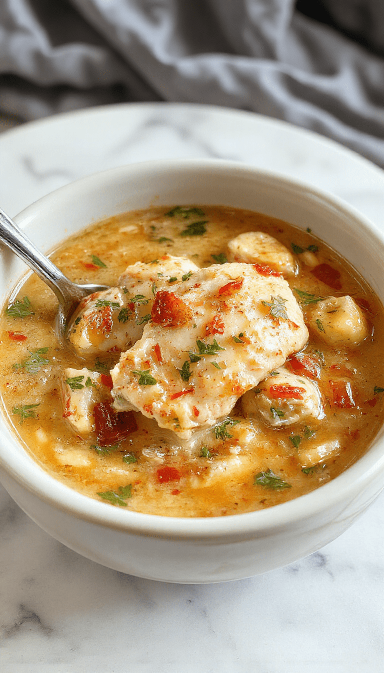 A vibrant bowl of chicken piccata soup featuring tender chicken pieces, thin slices of lemon, capers, and fresh herbs, served in a white ceramic bowl, garnished with parsley. The soup has a golden clear broth, dotted with bright yellow lemon slices and green capers, with a sprig of parsley on top, presented on a rustic wooden table with a spoon beside it.